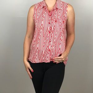 NWOT Red and White Zig Zag Sleeveless Button Down